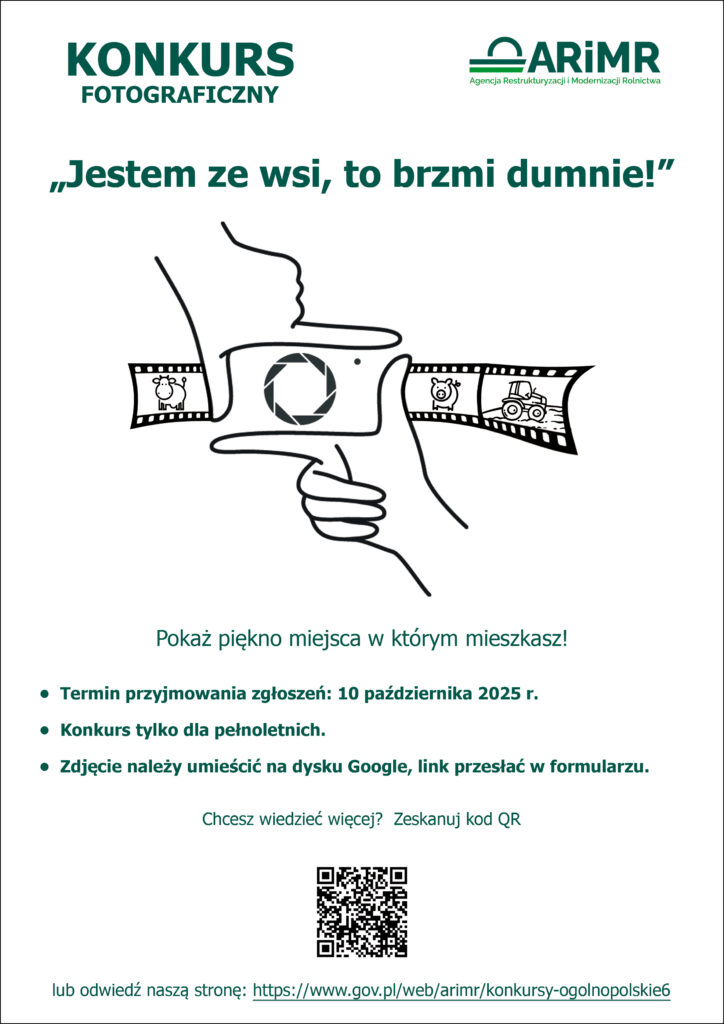Plakat konkursu fotograficznego na białym tle, z rysunkiem dłoni trzymającej film fotograficzny. Dominują zielone i czarne napisy. Zawiera QR kod i szczegóły konkursu.