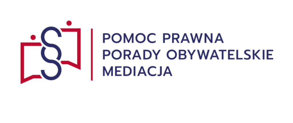 Logo przedstawia niebieską literę S z czerwoną obwódką w kształcie książki. Tekst: Pomoc Prawna, Porady Obywatelskie, Mediacja. Tło białe.