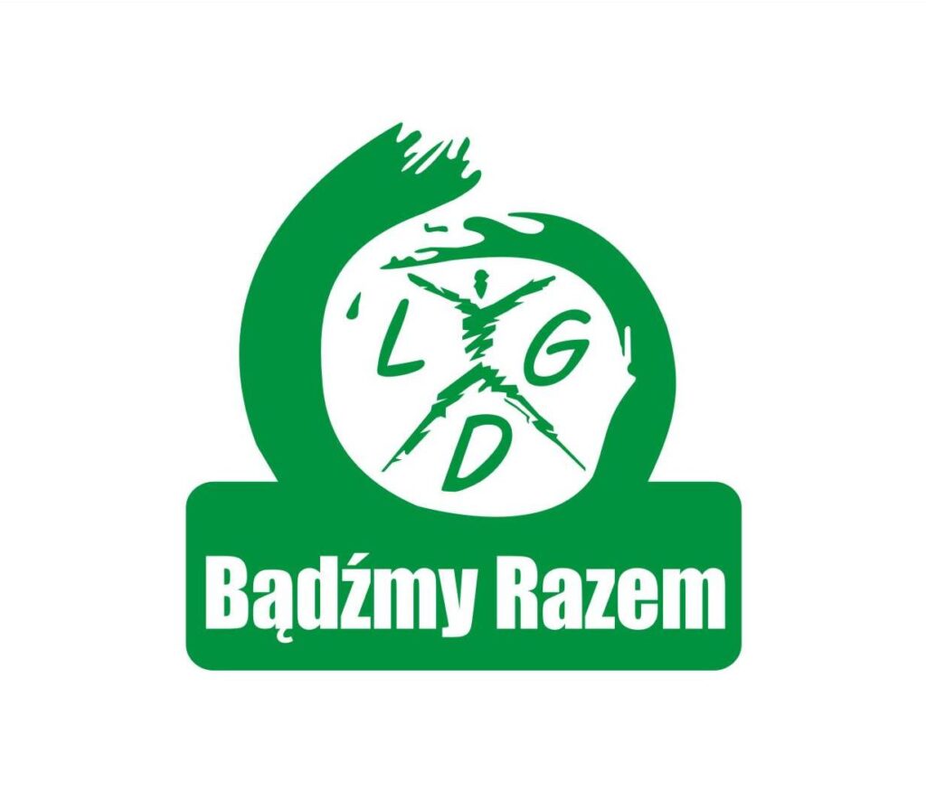 Logo w zielonym kolorze z sylwetką człowieka i literami LGD. Na dole napis Bądźmy Razem. Tło jest białe.
