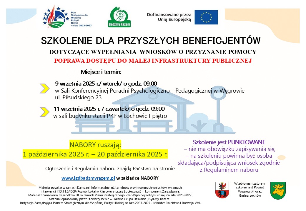 Szkolenie o wypełnianiu wniosków dot. infrastruktury. Daty: 9 i 11 września 2025, w Węgrowie i Łochowie. Kolory: biały, żółty, czerwony.