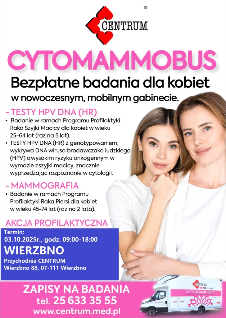 Obraz przedstawia kobietę w bieli na białym tle obok tekstu o badaniach dla kobiet. Dominuje różowy i czarny tekst na białym tle. Na dole widnieje zdjęcie białego pojazdu z różowym napisem Cytomammobus.
