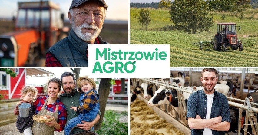 Na obrazie znajdują się cztery zdjęcia rolników oraz traktorów. Dominują kolory zielony i czerwony, widać krajobrazy wiejskie. W środku znajduje się logo Mistrzowie AGRO.