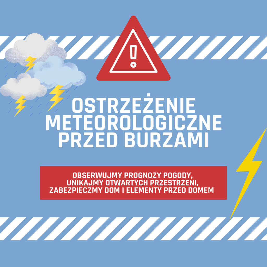 Niebieskie tło z chmurami i błyskawicami. Trójkątne czerwone ostrzeżenie z wykrzyknikiem. Tekst informuje o burzach.