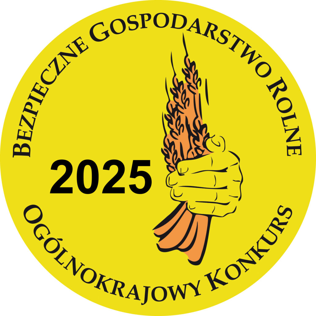 Żółte koło z czarnym napisem Bezpieczne Gospodarstwo Rolne 2025. Rysunek dłoni trzymającej kłosy zboża. Otoczony tekstem Ogólnokrajowy Konkurs.
