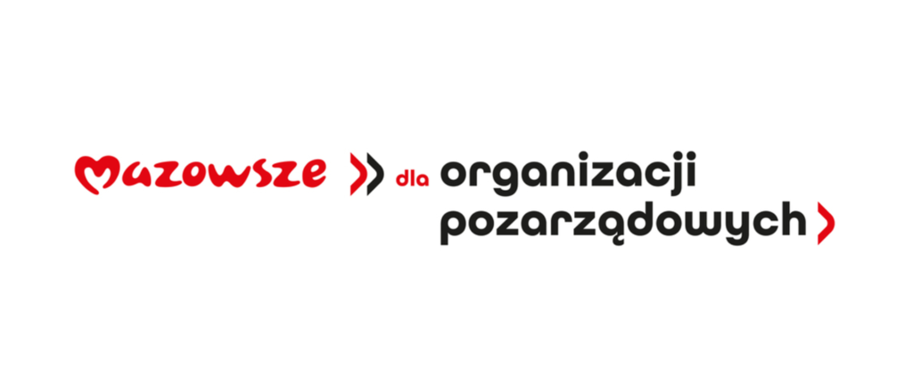 Logo z napisem Mazowsze dla organizacji pozarządowych. Czerwony i czarny tekst na białym tle. Są czerwone strzałki.