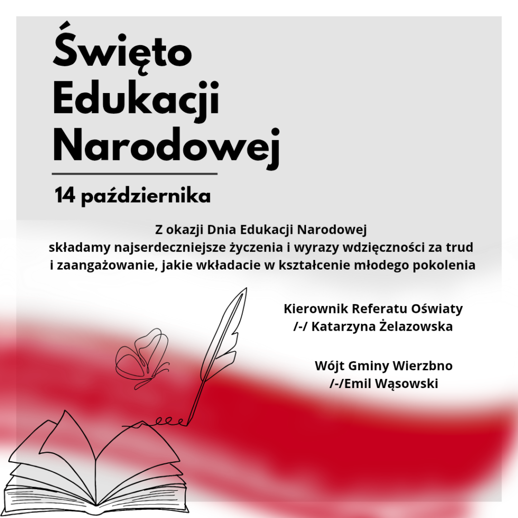 Święto Edukacji Narodowej, 14 października. Tekst na szarym tle z grafiką książki, czerwone akcenty, pióro i kwiat.