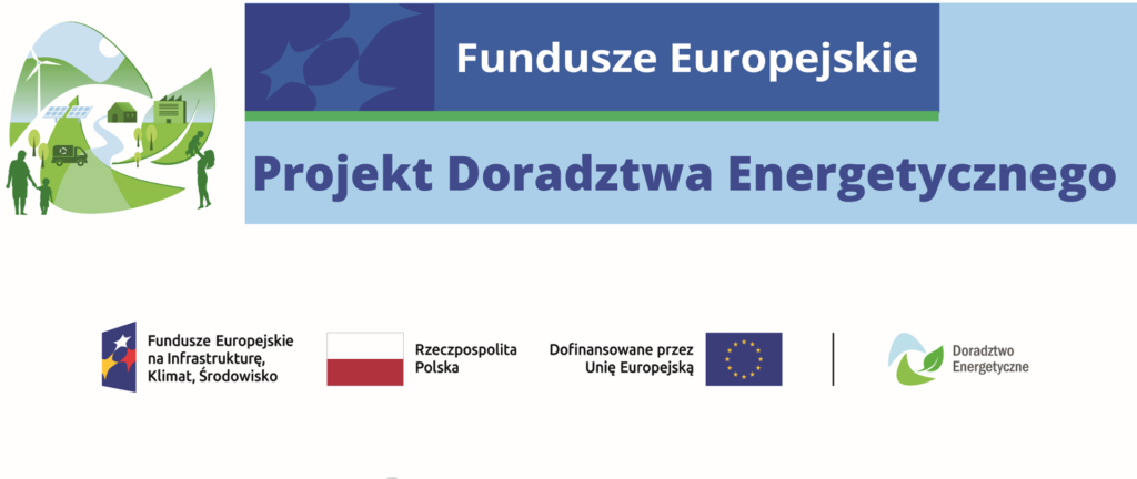 Logo projektu unijnego z grafiką ekologiczną. Dominują zielenie i błękity, na górze napisy Fundusze Europejskie i Projekt Doradztwa Energetycznego. Na dole znajdują się logotypy związane z projektem.