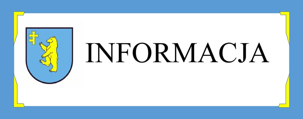 Herb z żółtym niedźwiedziem na niebieskim tle obok napisu Informacja. Tło biało-niebieskie. Narożniki z żółtymi detalami.