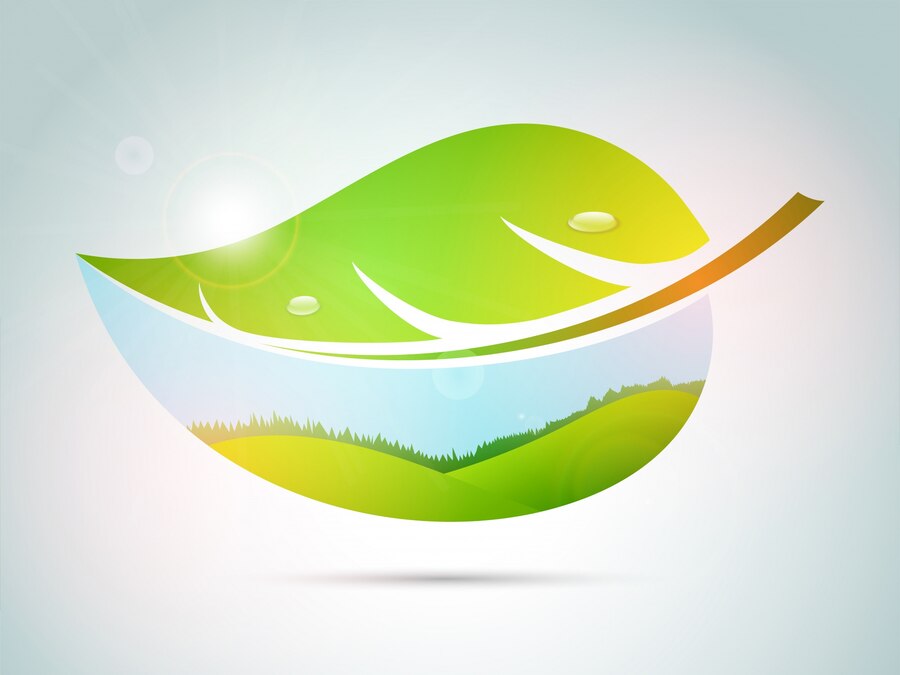 Zielony liść z kroplami wody na tle błękitnego nieba i zielonych wzgórz. Delikatne światło tworzy spokojną atmosferę.