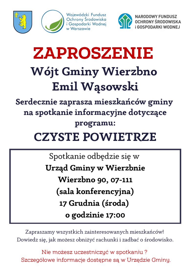 Zaproszenie na spotkanie programu Czyste Powietrze w urzędzie w Wierzbnie. Kolory: biały, czerwony, niebieski. Loga na górze, detale terminów poniżej.