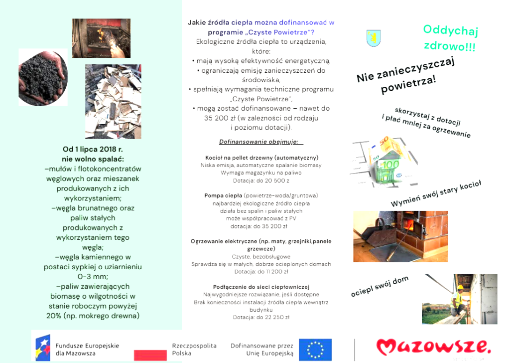 Ulotka promocyjna programu „Czyste Powietrze” na tle zielono-białym, z obrazami dot. źródeł ciepła i zakazu palenia niektórymi paliwami. Tekst informuje o dofinansowaniach i zachęca do wymiany kotłów oraz ocie