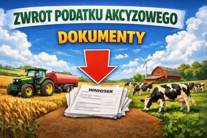Na obrazku widoczny jest krajobraz wiejski z traktorem i krowami. Na pierwszym planie są dokumenty z napisem WNIOSEK i czerwoną strzałką. Tło to błękitne niebo z chmurami i czerwony budynek gospodarczy.