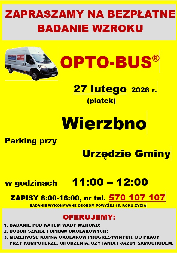 Zaproszenie na bezpłatne badanie wzroku w OPTO-BUSie. Tło żółte z czerwonym i czarnym tekstem. Widoczne auto i informacje kontaktowe.