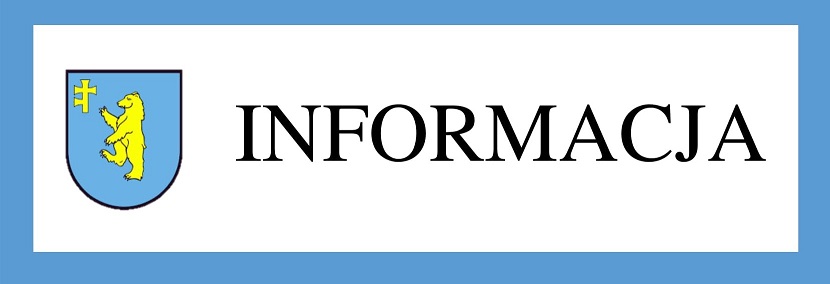 Herb z żółtym niedźwiedziem i krzyżem na niebieskim tle. Obok napis INFORMACJA na białym tle. Obramowanie jest niebieskie.