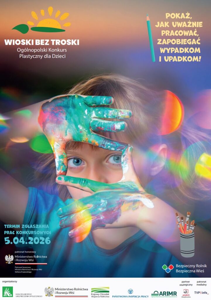 Dziecko z kolorowymi dłońmi patrzy przez ramkę z palców. Tło jest rozmyte, pełne kolorowych świateł. Plakat promuje konkurs plastyczny.