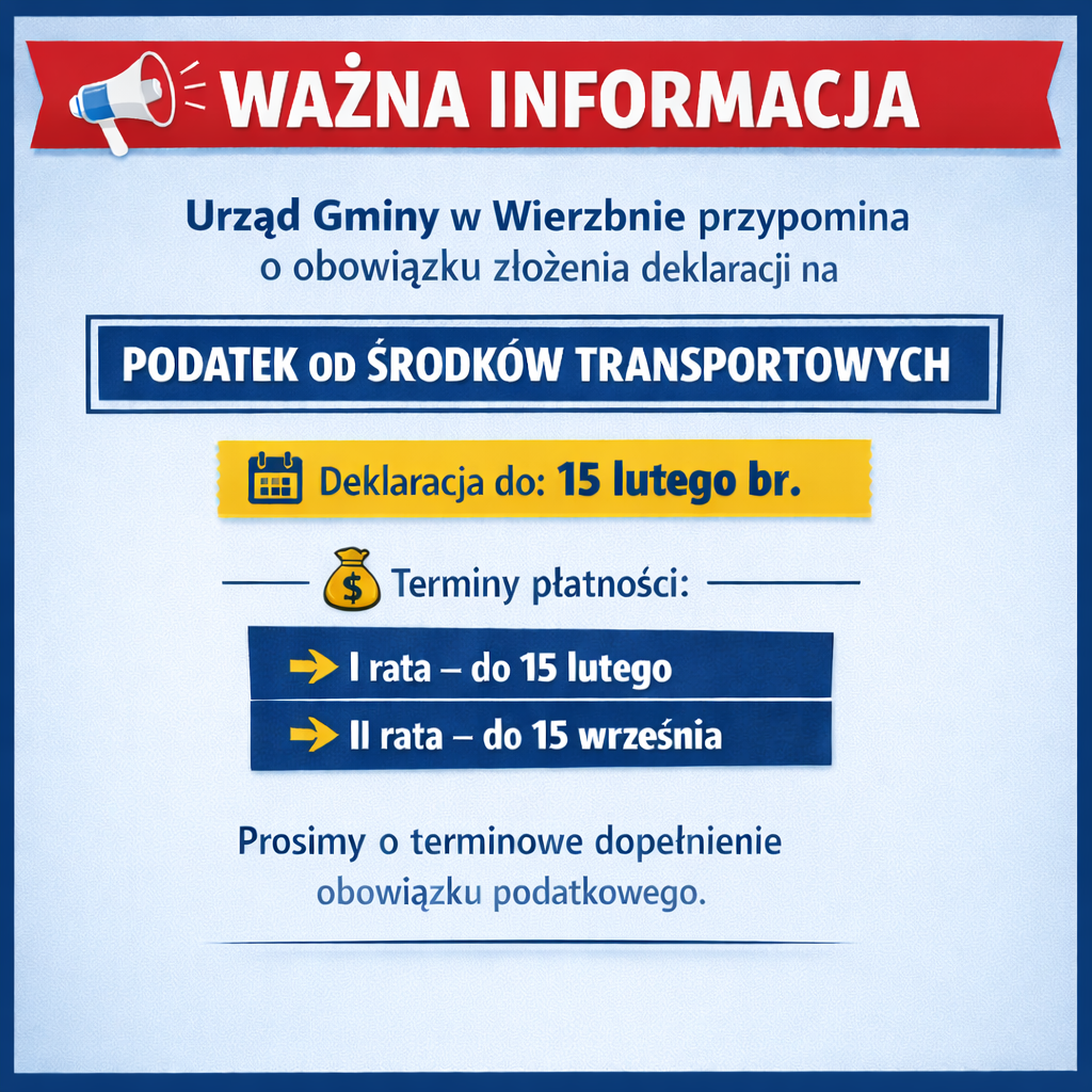 Plakat informuje o podatku od środków transportowych. Dominują kolory: czerwony, niebieski i żółty. Podano terminy: 15 lutego i 15 września.