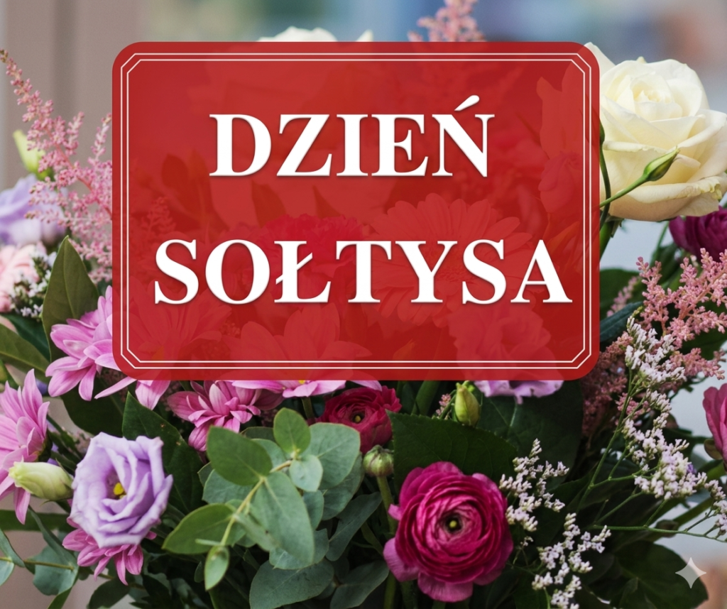 Bukiet kwiatów w odcieniach fioletu, bieli i różu. Czerwone tło z napisem Dzień Sołtysa. Wiosenna dekoracja.