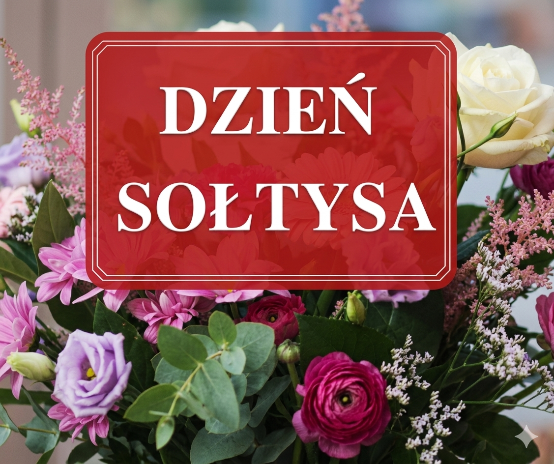 Bukiet kwiatów w odcieniach fioletu, bieli i różu. Czerwone tło z napisem Dzień Sołtysa. Wiosenna dekoracja.