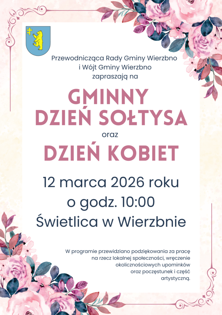 Zaproszenie na Gminny Dzień Sołtysa i Dzień Kobiet, dekorowane różowymi kwiatami. Kolory: różowy, niebieski, biały. Tło jasne.
