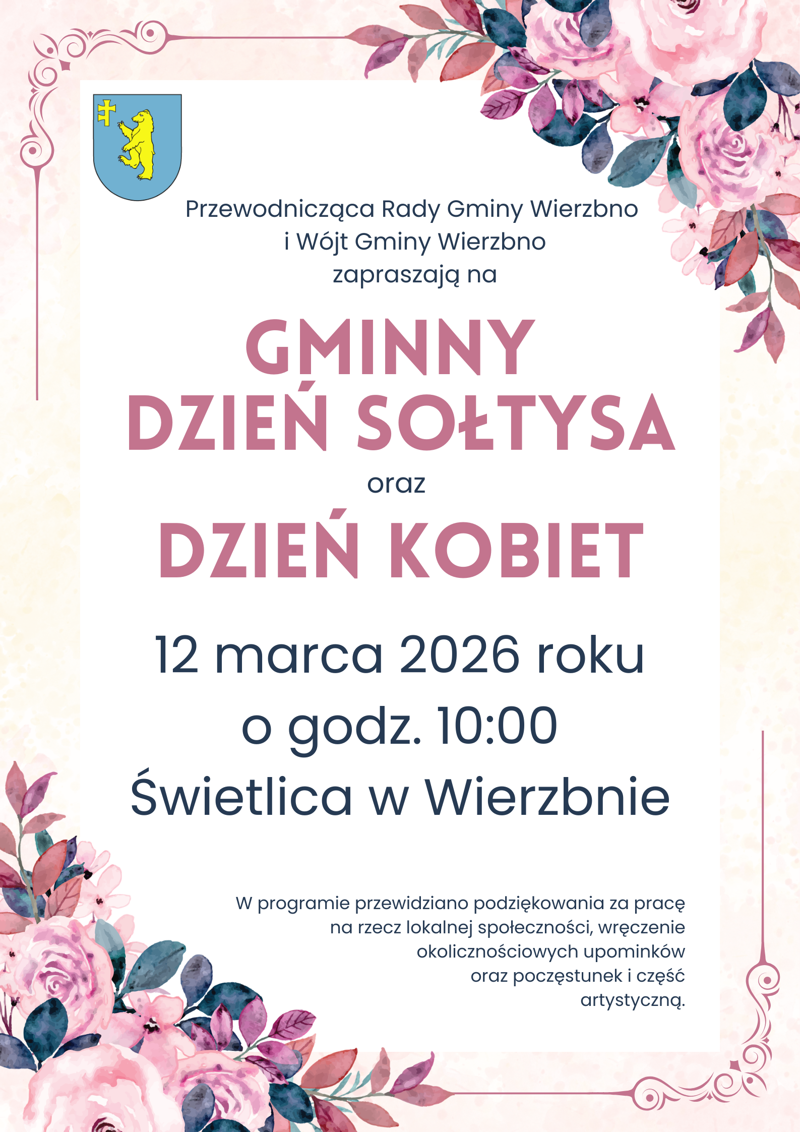 Zaproszenie na Gminny Dzień Sołtysa i Dzień Kobiet, dekorowane różowymi kwiatami. Kolory: różowy, niebieski, biały. Tło jasne.