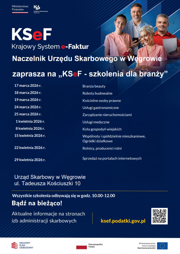 Plakat promuje szkolenia KSeF z datami, na granatowym tle. Widoczne są cztery osoby, z uśmiechem, trzymające urządzenia. Na dole podano adres Urzędu Skarbowego.