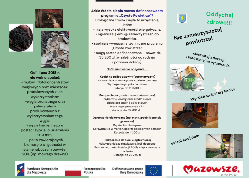 Plakat promuje program Czyste Powietrze i dotacje na ekologiczne źródła ciepła. Dominują kolory zielony i niebieski, z obrazkami kotłów i izolacji. Loga Funduszy Europejskich oraz Mazowsza są na dole.