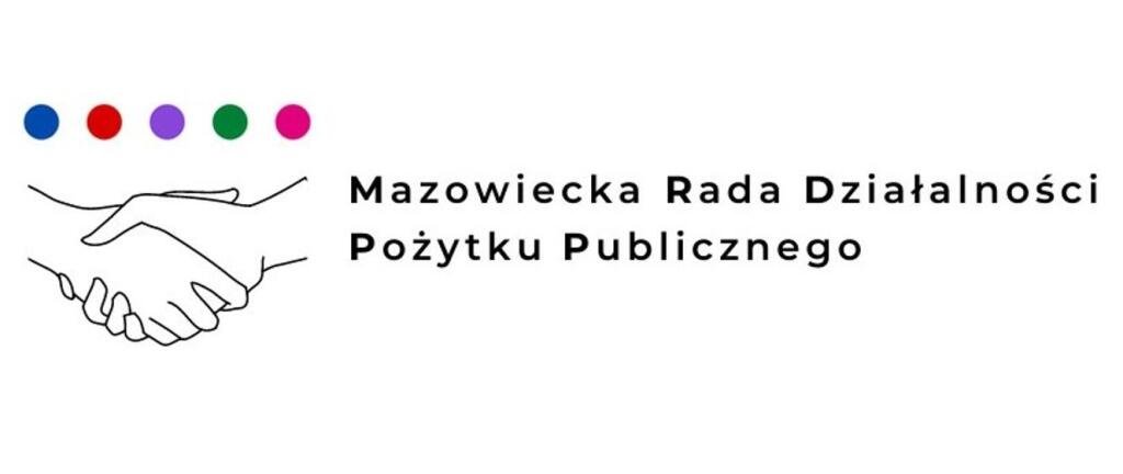 Na białym tle logo z rysunkiem uścisku dłoni. Nad nim pięć kolorowych kropek. Obok napis Mazowiecka Rada Działalności Pożytku Publicznego.