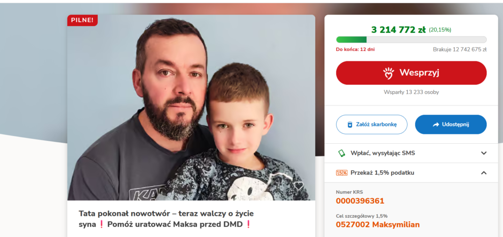 Na zdjęciu widać mężczyznę z brodą i chłopca na jasnym tle. Obok czerwony przycisk z napisem Wesprzyj oraz pasek postępu. Grafika dotyczy zbiórki na leczenie.