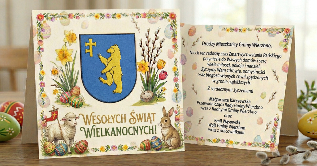 Kartka wielkanocna z napisem Wesołych Świąt Wielkanocnych i herbem. Wokół zajączek, baranek, kwiaty i pisanki. Tło beżowe, bogato zdobione kolorami.