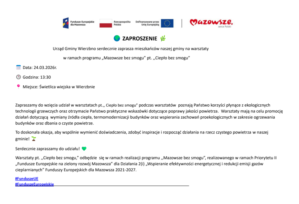 Zaproszenie na warsztaty o ekologicznych systemach grzewczych. Tła białe, loga Funduszy Europejskich, flagi Polski i Mazowsza. Warsztaty 24.03.2026, Wierzbinek.
