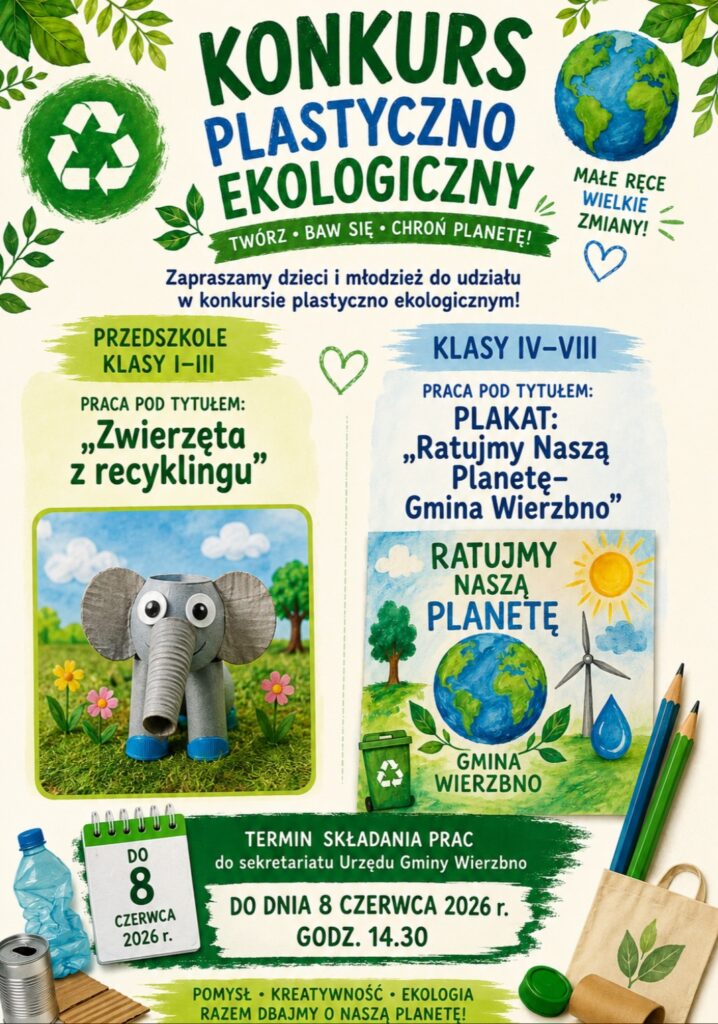 Plakat promuje konkurs plastyczno-ekologiczny z zielonymi i niebieskimi akcentami. Na środku jest obrazek słonia z recyklingu i plakat z Ziemią. Na górze ekologiczny symbol recyklingu otoczony liśćmi.