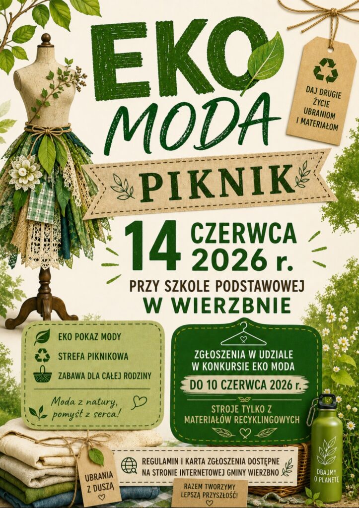 Plakat promujący Eko Piknik 14 czerwca 2026 r. Tło jasne z zielonymi elementami i manekinem ubranym w liście. Hasła: „Daj drugie życie ubraniom” i „Eko moda z natury”.