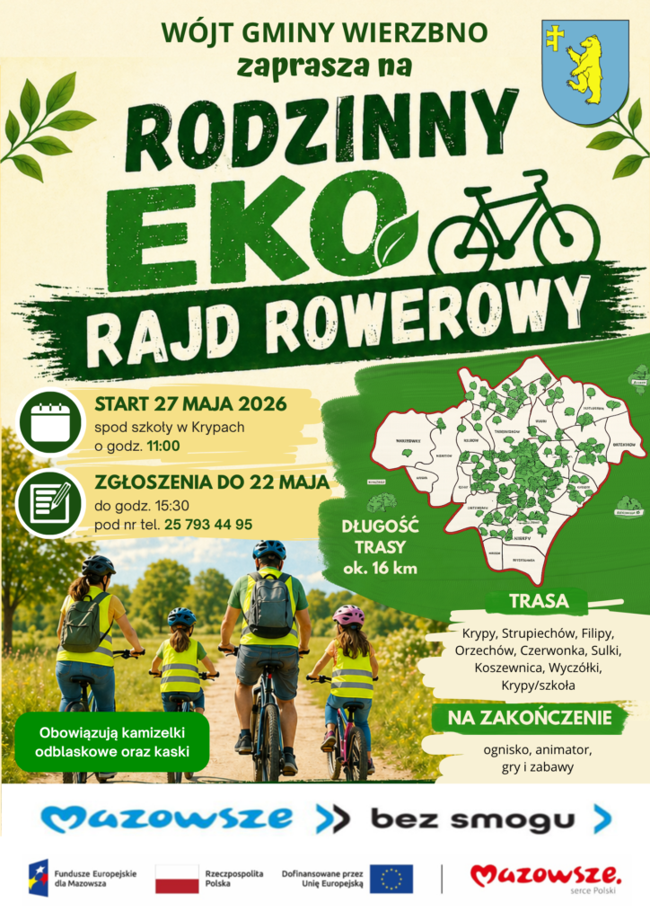 Plakat zapowiada rodzinny eko rajd rowerowy. Dominuje zielony kolor, obrazek rowerzystów. Na dole loga Mazowsza i UE.