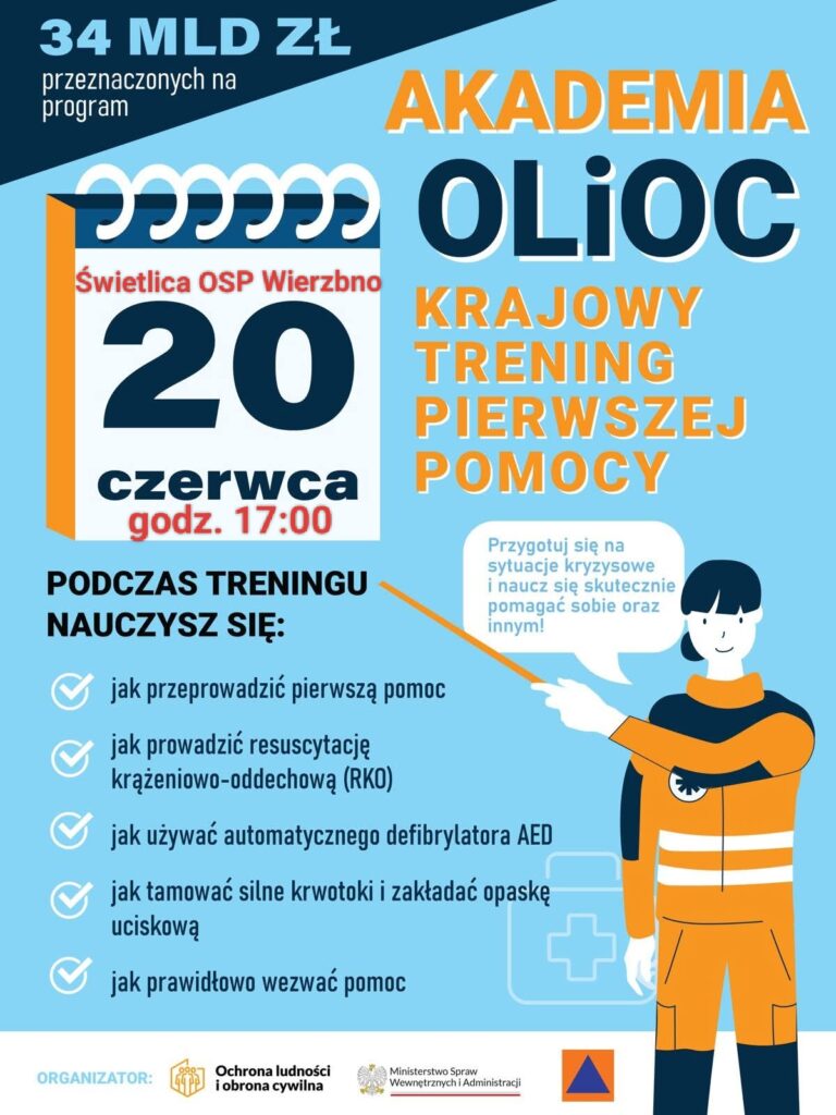 Plakat promuje Krajowy Trening Pierwszej Pomocy, z kalendarzem na 20 czerwca. Kolory to niebieski i pomarańczowy. Zawiera listę umiejętności do nauczenia.