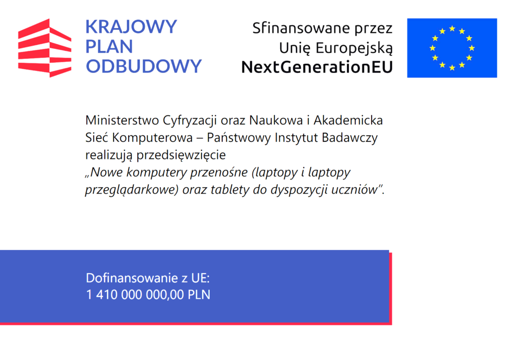 Plakat z napisem Krajowy Plan Odbudowy, obok flaga UE. Na dole niebieska belka z kwotą dofinansowania 1,4 mld PLN.