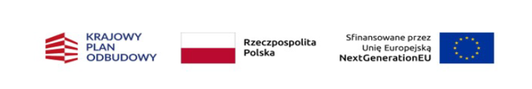 Logo Krajowy Plan Odbudowy w czerwieni obok flagi Polski. Po prawej flaga UE z tekstem NextGenerationEU. Na białym tle.