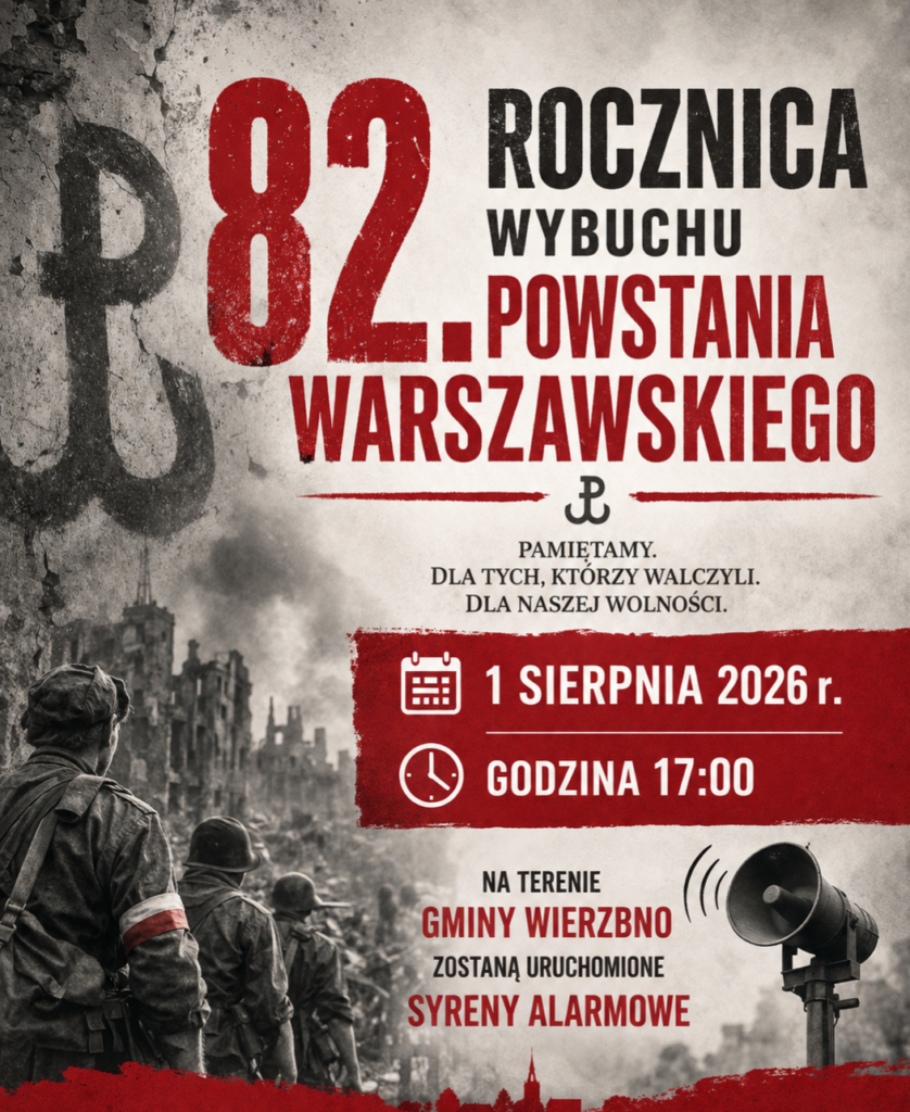 Plakat upamiętnia 82. rocznicę wybuchu Powstania Warszawskiego. W tle są żołnierze i ruiny miasta, dominują kolory czarny i czerwony. Wydarzenie odbędzie się 1 sierpnia 2026 o 17:00.