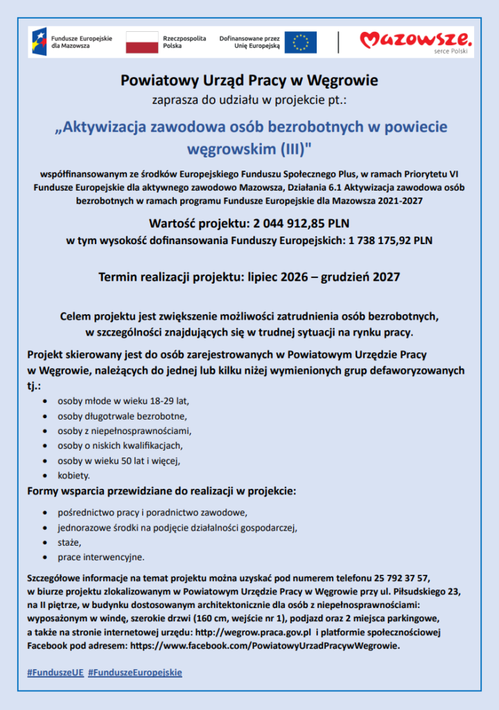 Plakat ogłasza projekt aktywizacji zawodowej osób bezrobotnych w Węgrowie. Tło jest jasnoniebieskie z kolorowym nagłówkiem logosów UE i Polski. Zawiera informacje o wartościach dofinansowania i terminach projektu.