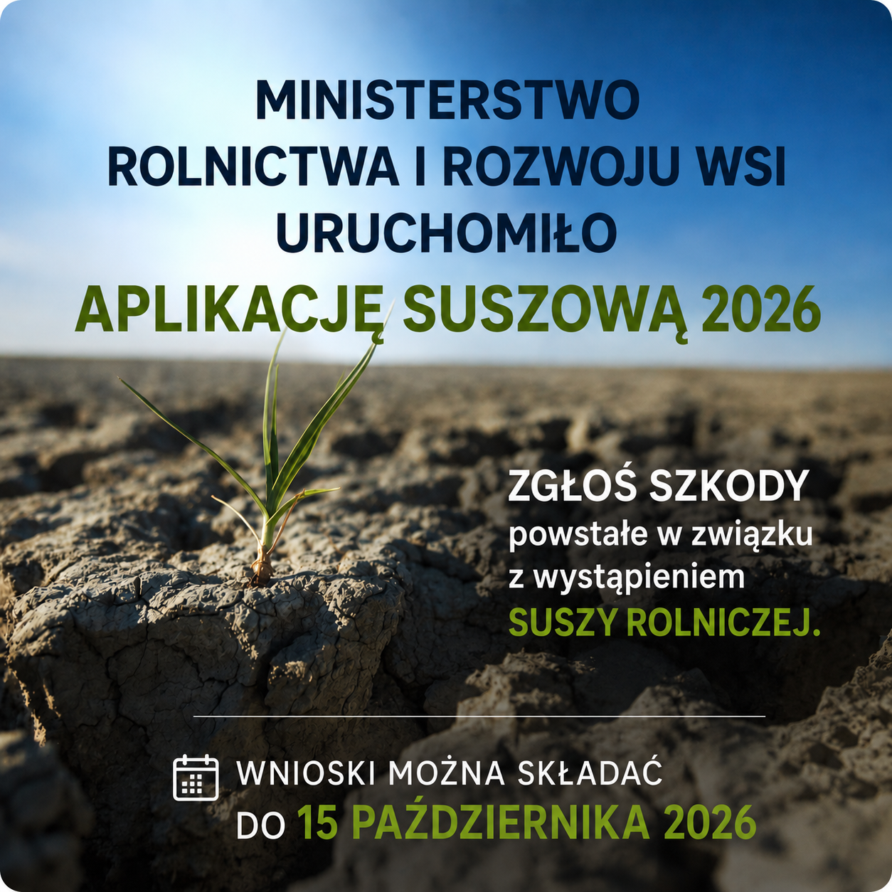 Obraz przedstawia suche pole z pojedynczą rośliną na pierwszym planie. W tle jasne, błękitne niebo. Tekst na obrazie informuje o aplikacji suszowej 2026.