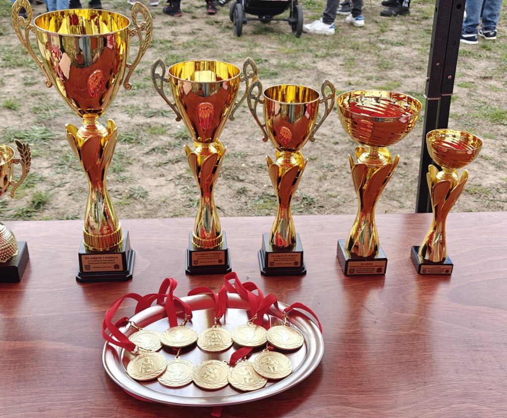 Sześć złotych pucharów stojących na drewnianym stole. Obok leży talerz z dziewięcioma złotymi medalami na czerwonych wstążkach. W tle trawa i stopy ludzi.