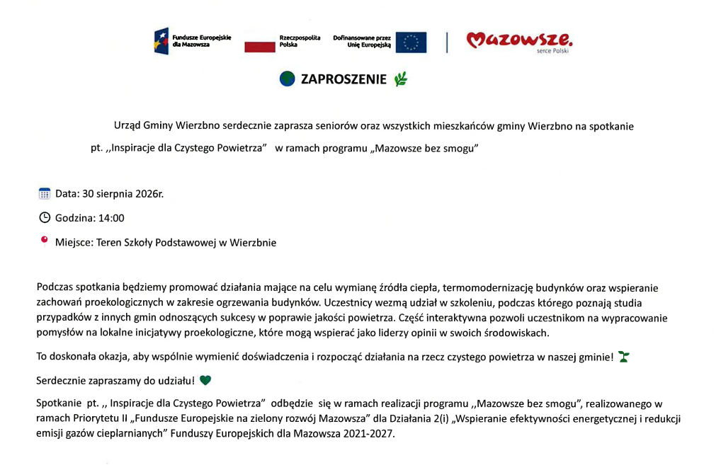 Zaproszenie na spotkanie dotyczące czystego powietrza w Wierzbnie. Dominują białe tło i czarny tekst. Logotypy UE i Mazowsza na górze.