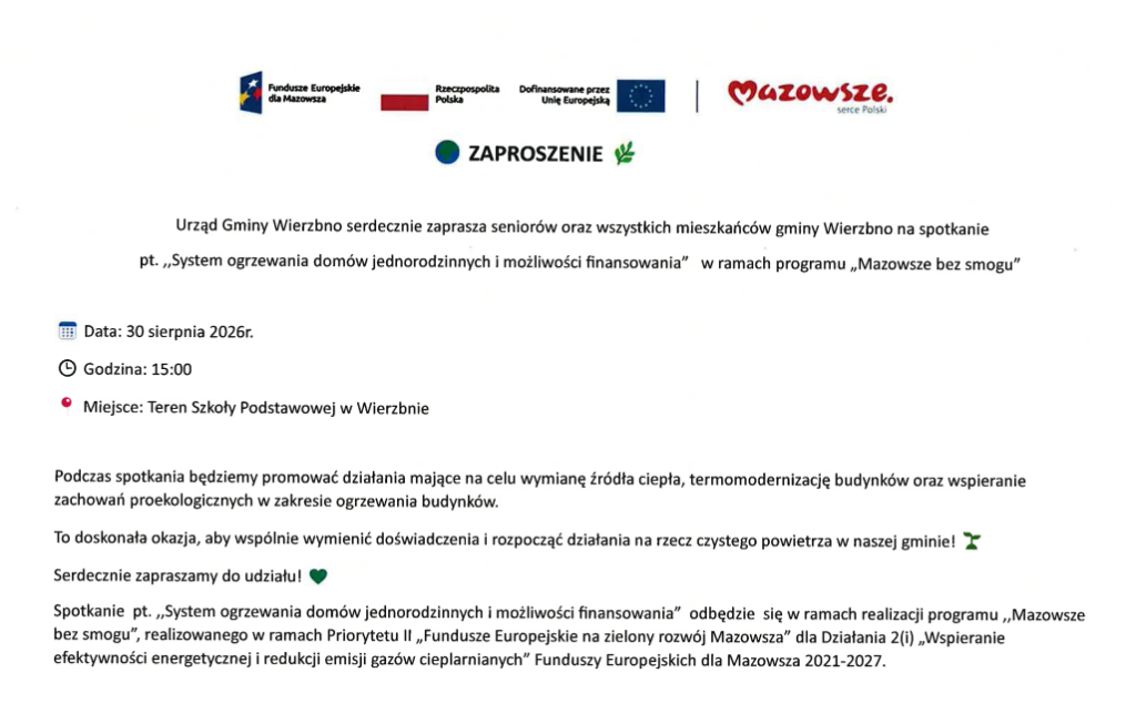Zaproszenie na spotkanie Urzędu Gminy Wierzbno z zielonymi ikonami. Data: 30 sierpnia 2026, godzina 15:00, szkoła w Wierzbnie. Omawiane będą działania proekologiczne.