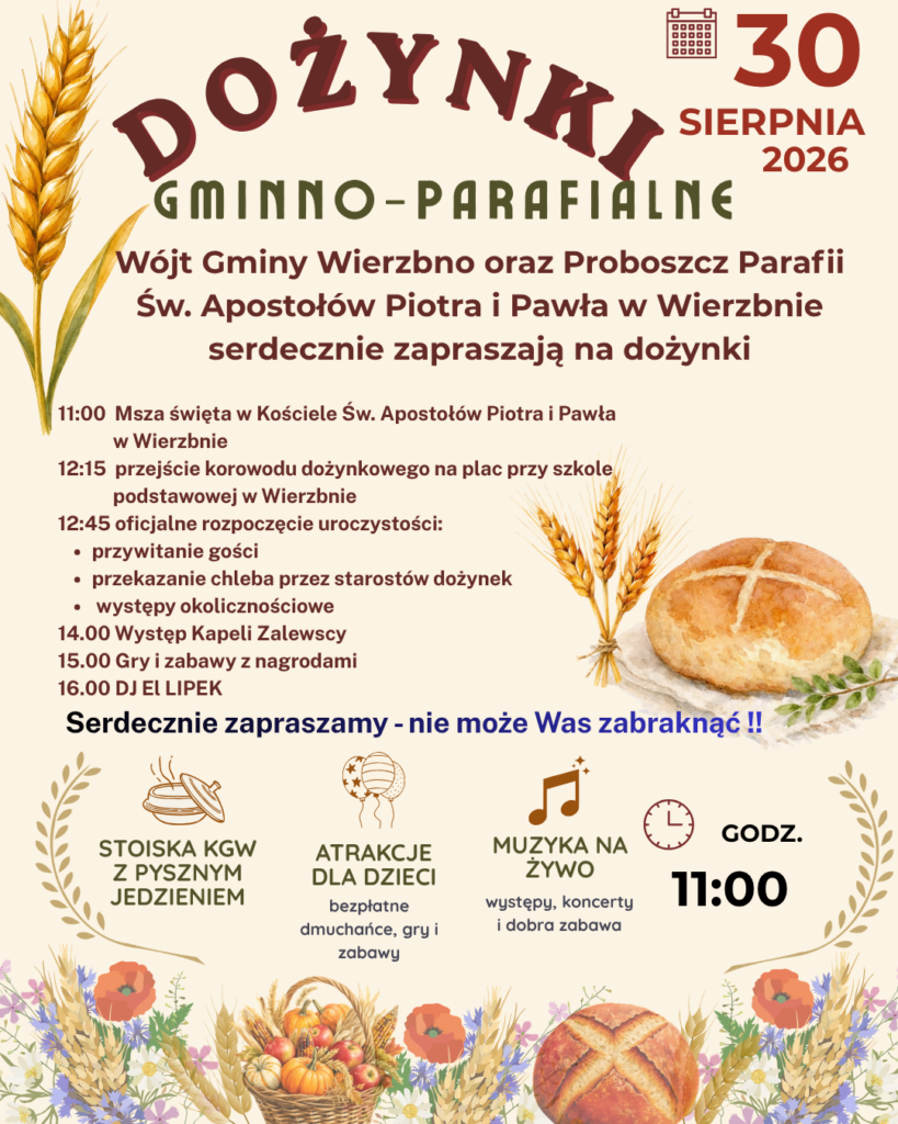 Plakat dożynek zbożowych z datą 30 sierpnia 2026, w kolorach beżowym i czerwonym. Grafiki przedstawiają wieńce zbożowe i chleb. W tle znajduje się tekst zaproszenia i harmonogram wydarzeń.