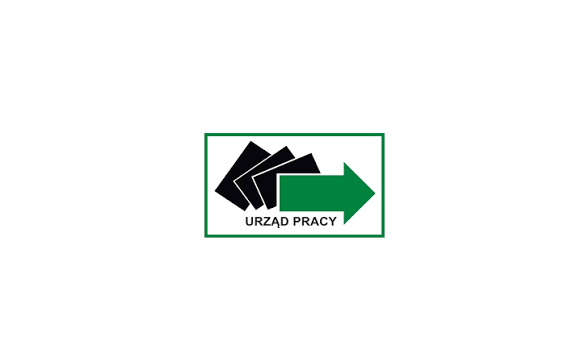Logo składa się z czarnych stylizowanych linii i zielonej strzałki. Tło jest białe z zieloną ramką. Widnieje napis URZĄD PRACY.