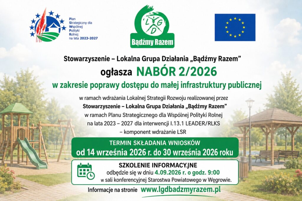 Plakat informacyjny o naborze do projektu, z placem zabaw na zdjęciu. Zielono-białe tło z logo UE. Termin od 14 do 30 września 2026.