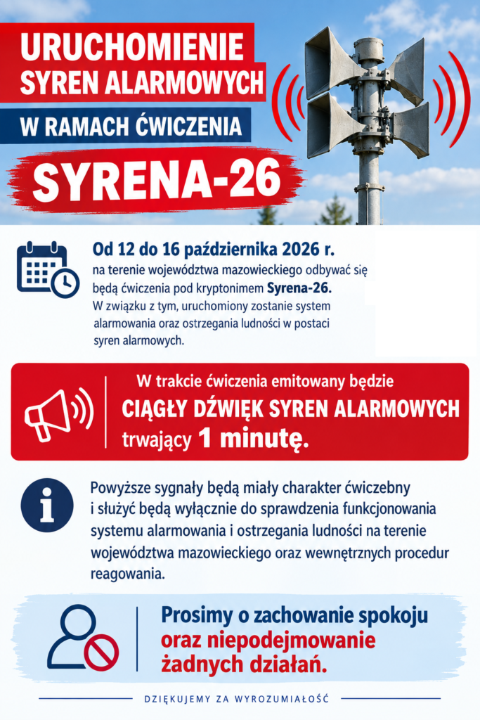 Na obrazku widoczny megafon alarmowy na słupie z niebieskim niebem. Tekst informuje o ćwiczeniach syren alarmowych Syrena-26. Kolory to czerwony, niebieski i biały.