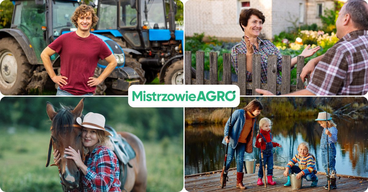 Obraz przedstawia cztery sceny związane z życiem na wsi. W górnym lewym rogu mężczyzna w czerwonej koszulce stoi przed niebieskim traktorem. W prawym dolnym rogu kobieta z dziećmi łowi ryby nad jeziorem.