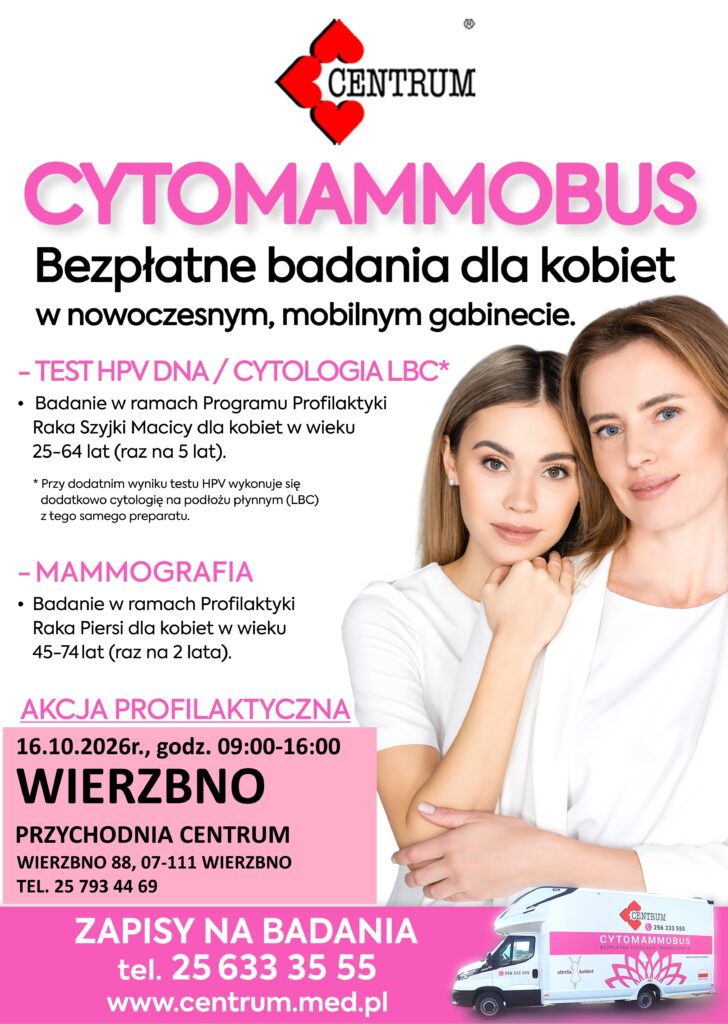 Plakat promujący bezpłatne badania dla kobiet, na różowym tle z dwiema uśmiechniętymi kobietami. Zawiera informacje o testach HPV, cytologii i mammografii, wraz z datą, miejscem i danymi kontaktowymi. Na dole pokazany jest mobil