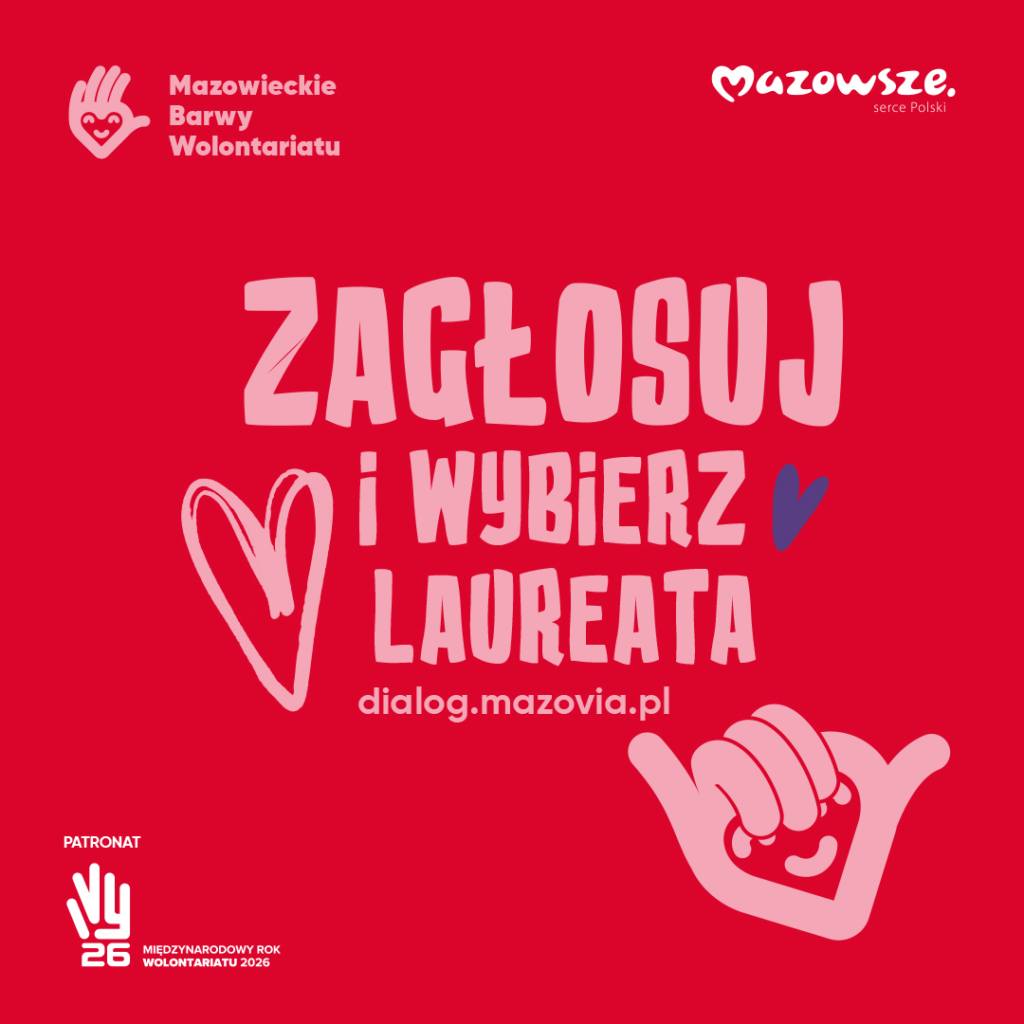 Czerwone tło z białymi i różowymi napisami promującymi głosowanie. Po lewej logo dłoni z sercem, na dole ikona dłoni.