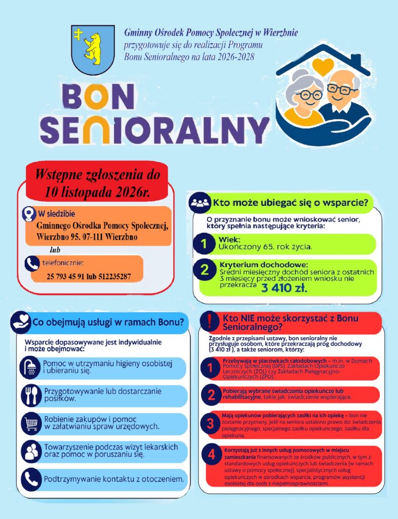 Obraz przedstawia kolorową ulotkę informacyjną o Bonie Senioralnym, z niebieskim tłem. Na górze znajduje się napis „BON SENIORALNY” w dużych, wyraźnych literach. Grafikę zdobią ikony symbolizujące pomoc seniorom, a informacje są podzielone na czytelne sekcje o różnych kryteriach i usługach.